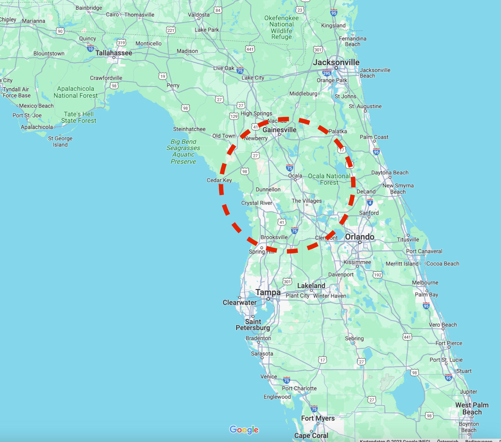 A map of Florida with a circle that reaches from Gainesville to Spring Hill, to the corner of Orlando